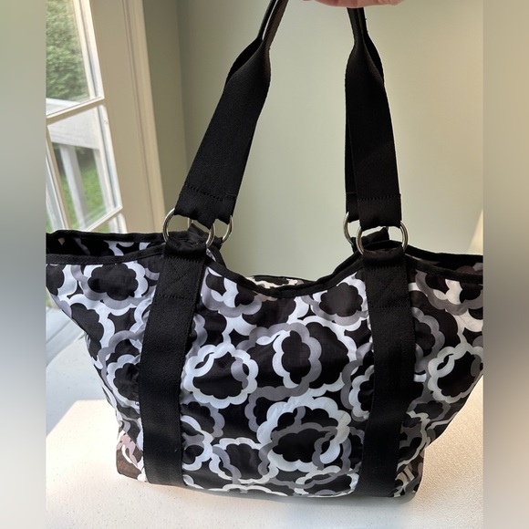 LeSportsac Large Shoulder Bag Purse Double Handles w/Metal Loops Black & White - Picture 2 of 15